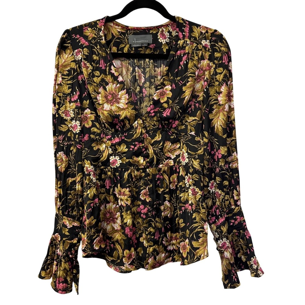 Anthropologie Satin V-Neck Dark Floral Long Sleeve Blouse Top Size S Whimsigoth